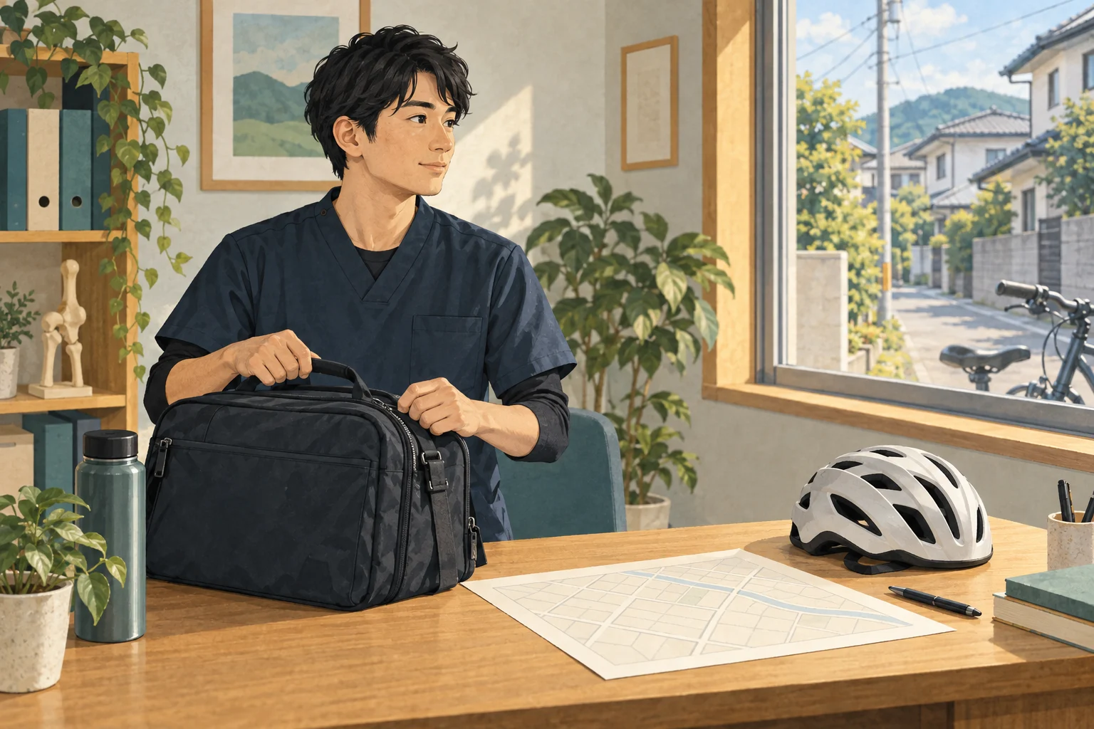 訪問の仕事に向けて道具と資料を準備する場面